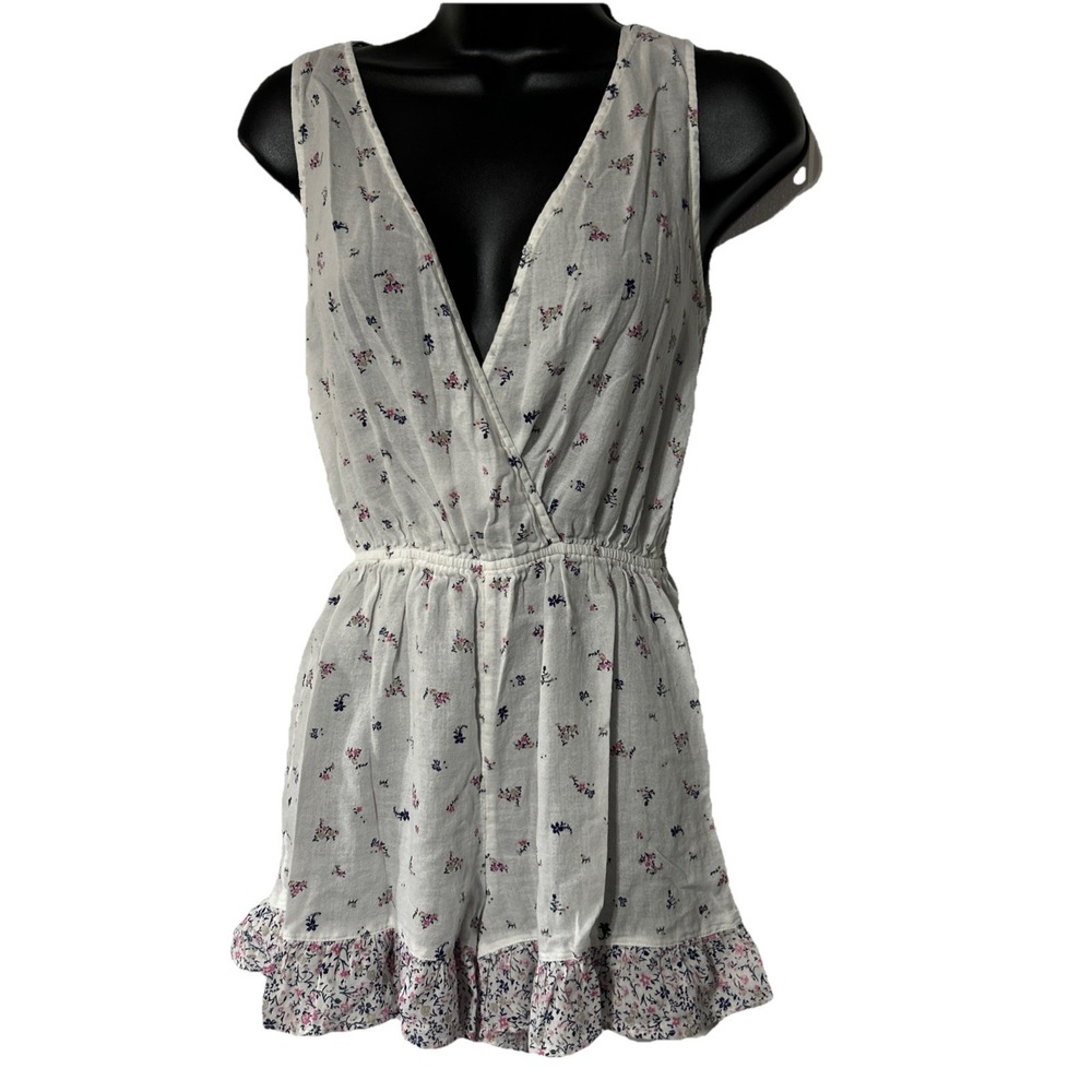 True Craft Romper XS white pink blue floral wrap v-neck shorts 100% Cotton